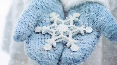 Snowflake - white, snowflake, hand, blue, winter, glove