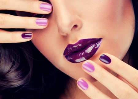 Purple - woman, face, mouth, purple, lips, hand, nails