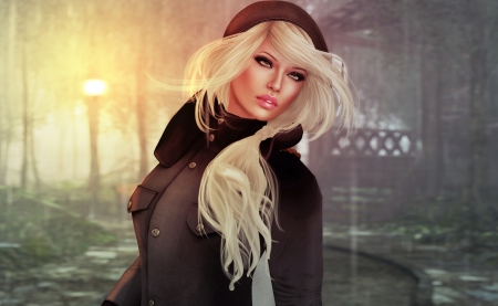 Beauty - woman, beauty, rendering, hat, girl, winter, fantasy, brown, game, luminos, blonde