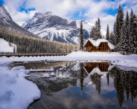 Winter - mountains, winter, landscape, cabin, lake, sky, reflection, clouds, house, trees, nature, snow