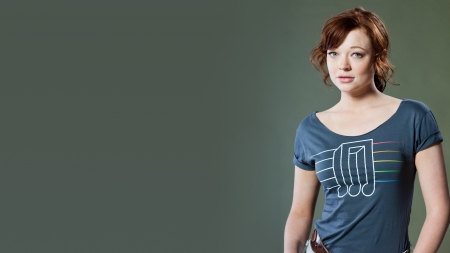 Sarah Snook - redhead, gray background, green eyes, actress, Sarah Snook