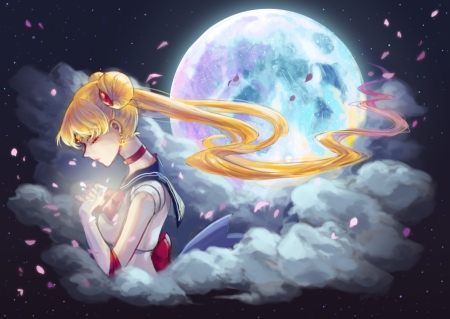 Moon Halo - nice, beauty, sky, female, usagi, blond, anime girl, blond hair, tsukino, pretty, cloud, blonde hair, petals, anime, moon, girl, magical girl, light, long hair, night, space, lovely, usagi tsukino, sailor moon, tskino usagi, beautiful, sweet, sailormoon, blonde