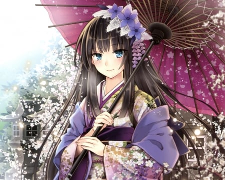 Cherry ~ - flower, cute, maiden, anime girl, adorable, girl, umbrella, oriental, cherry blossom, lady, cherry, petal, japan, pretty, kawaii, sweet, sakura, brown hair, anime, yukata, hd, sakura blossom, long hair, nice, lovely, kimono, female, japanese