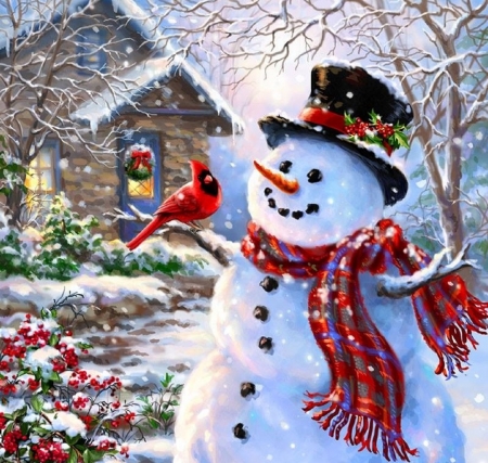 Snowman & Feathered Friend - cardinal, snowman, winter, attractions in dreams, snow, holidays, xmas and new year, Christmas, love four seasons