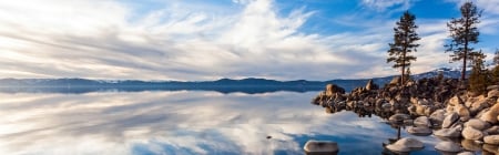 Lake - wide screen, dual monitor, rocks, water, ocean, lake, panorama, wide, nature