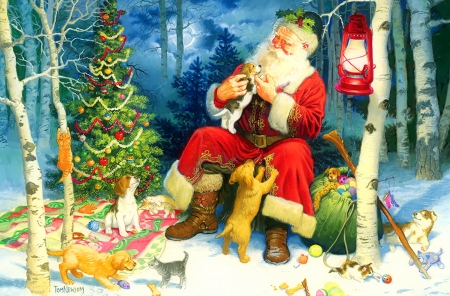 Santa's friends - winter, snow, puppies, forest, joy, tree, christmas, santa, holiday, friends, art