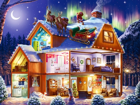 Christmas eve - sleigh, house, winter, evening, snow, night, eve, moonlight, colorful, santa, holiday, ride, reindeers