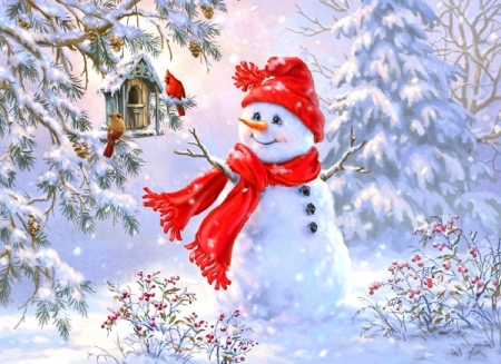 Snowman Greetings - xmas and new year, attractions in dreams, snowman, winter, christmas, cardinals, white trees, love four seasons, holidays, snow, birds