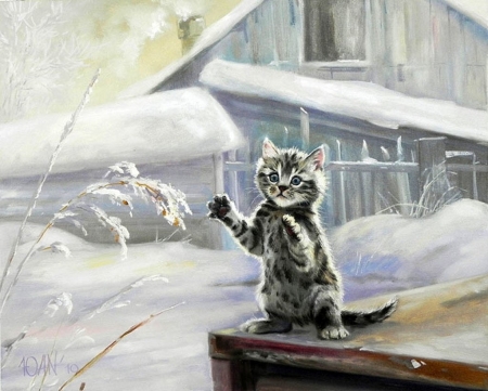 kitten - painting, cat, snow, winter, kitten