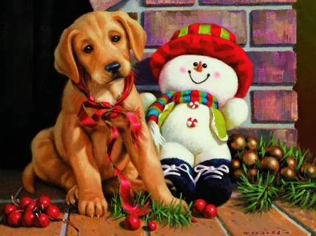 Cute friends - snowman, adorable, puppy, smiling, toy, winter, pet, christmas, painting, art, dog, holiday, friends, sweet, cute