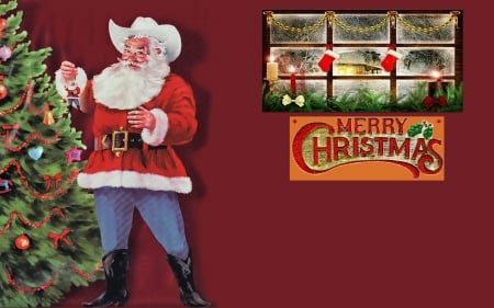 Cowboy Santa Decorates.. - holiday, decorations, santa, tree, christmas