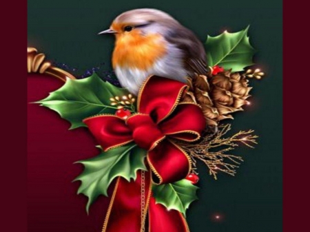 Christmas bird - bow, christmas, bird, red