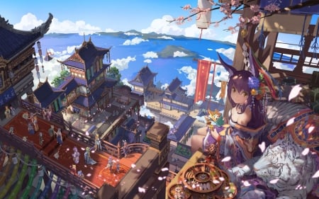 Sky World - sky, japanese, orginal, fantasy, world, art, japan, scenery, anime, oriental, kimono, food, temple