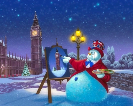 English Snowman - british flag, England, snowman, big ben, winter, attractions in dreams, snow, holidays, xmas and new year, street lamps, Christmas, love four seasons, Christmas Trees