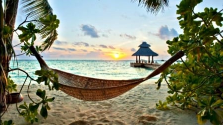 a hammock at sunset - cool, fun, beach, sunset, ocean, nature