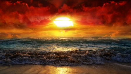 big sun - cool, fun, beach, sunset, ocean, nature