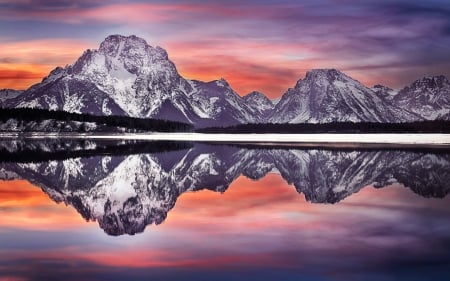 reflection of mountains - lake, forest, cool, fun, nature, mountain