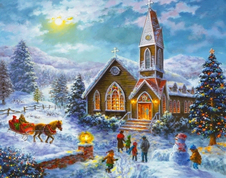 Christmas scene - mood, winter, town, beautiful, snow, scene, church, village, christmas, holiday, painting, frost, country, art