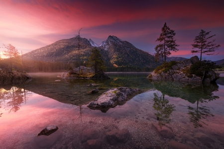 Sunrise on lake - sunrise, lake, trees, mountains