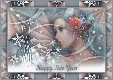 HAPPY NEW YEAR! - DESIGN, FEMALE, FLOWER, SNOWFLAKES