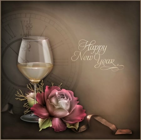 WINE & FLOWERS - flower, wine, clock, time, new year