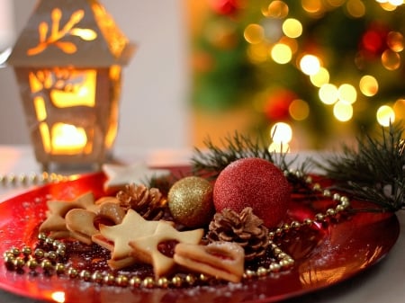 Happy holidays - abstract, winter, photography, holidays, happy, blessed, red, cookies, ornaments, candles, golden, Christmas