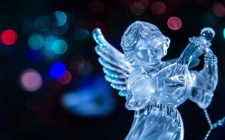 Merry Christmas! - christmas, bokeh, craciun, blue, figurine, angel, glass