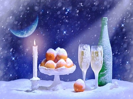 Snowy night of celebration - moon, sky, candle, glasses, fruits, champagne, abstract, winter celebration, blue, snow, arrangement, orange, snowy