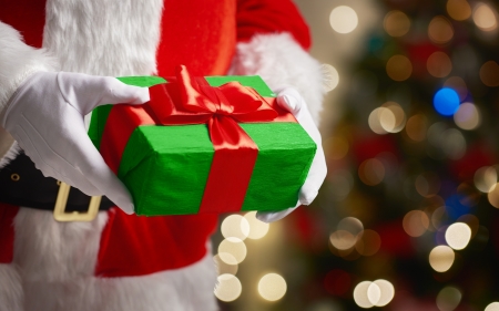 Merry Christmas! - red, craciun, christmas, white, card, gift, santa, bokeh, hand, green