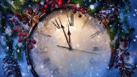 Time for Winter - winter, snow, fir, clock, pine cones, berries, Firefox Persona theme, time, New Year