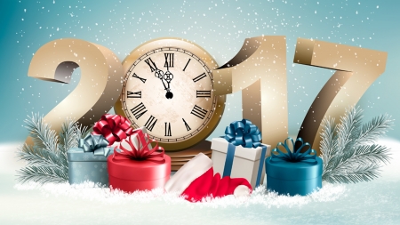 Time for 2017 - winter, gifts, time, New Year, snow, presents, clock, 2017