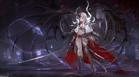 Japanese Demon - anime, underworld, draon, darkneess, long hair, white hair, dark, red, demon wings, gril, skelleton, anime girl, beautiful, sword, cape, beauty, black, white, wings, demon