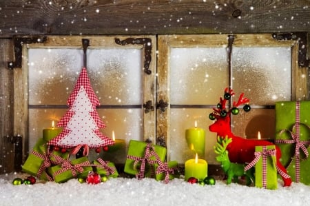 Merry Christmas! - window, candle, tree, christmas, craciun, red, green, card, reindeer