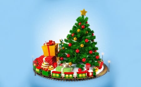 Merry Christmas! - red, craciun, christmas, train, toy, card, gift, tree, luminos, green