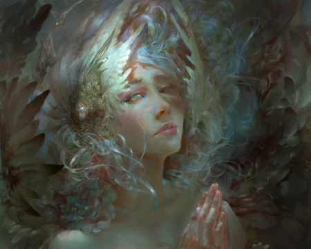 Supplication - christian gonzales, girl, angel, lucpinkey l, fantasy, hand, christian angel, woman, wings, face, art, luminos