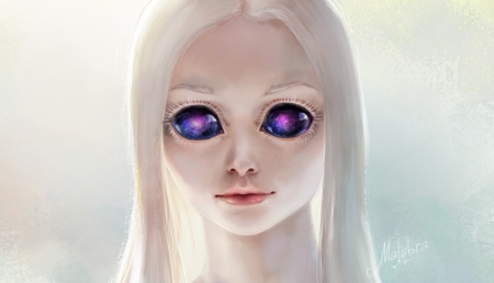 Alien - girl, eyes, fantasy, white, purple, malabra, alien, art, luminos