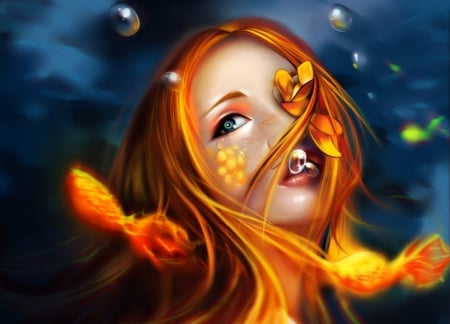 Goldfish - sashakim, goldfish, water, blue, girl, orange, bubble, fantasy, luminos