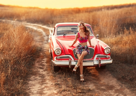 Beauty - red, retro, car, vintage, model, girl, woman