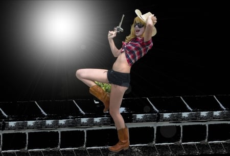 Cowgirl Harley Quinn.. - girls, women, style, fun, female, cowgirl, boots, hats, fantasy, western, actors, blondes, harley quinn, nra, pistols, movies