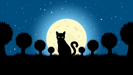 Moonlight - moon, blue, silhouette, cat, black, fantasy, pisica, white, halloween, luna