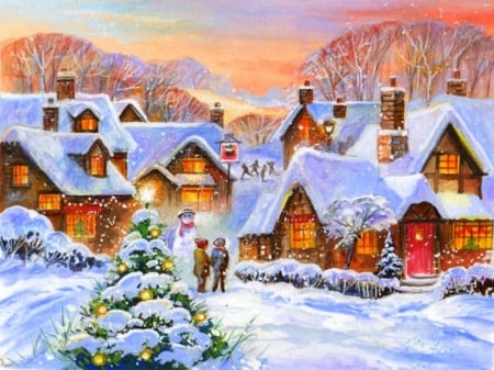 Snowy Villages - Christmas Tree, snowman, winter, attractions in dreams, snow, holidays, xmas and new year, landscapes, cottages, villages, Christmas, love four seasons