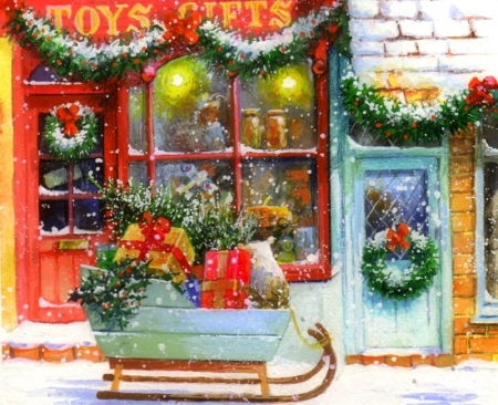 Shop Window - sleigh, winter, gifts, attractions in dreams, snow, holidays, xmas and new year, wreath, New Year, Christmas, love four seasons