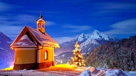 Christmas Cottage - trees, blessings, winter, snow, landscape, church, glow, lights, seasons, mountains, lighting