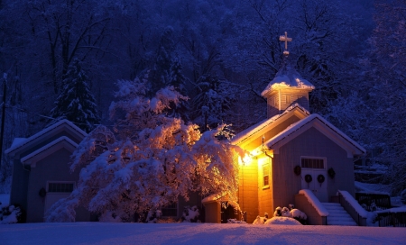 Church in the Night - winter, night, church, snow