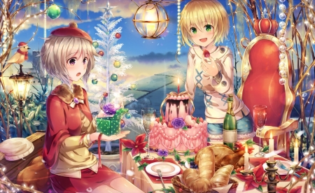 Christmas - red, flower, craciun, anime, girl, christmas, manga, sakakidani, food, couple