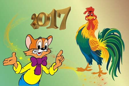 Happy New Year 2017 - painting, rooster, cat, wishes