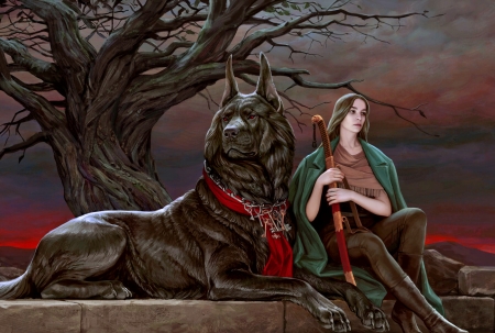 Night Guard - fantasy, warrior, magic, woman, dog, dark