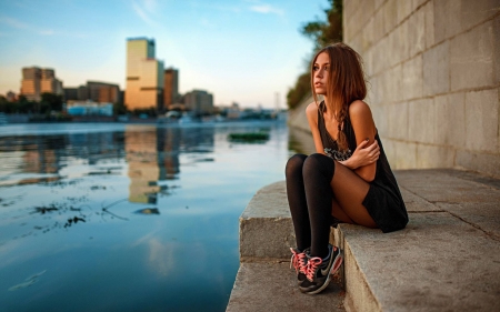 sitting on a river bank - fun, actress, people, cool, river, celebrity, model