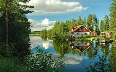 House by the Lake - summer, lake, clouds, house, trees