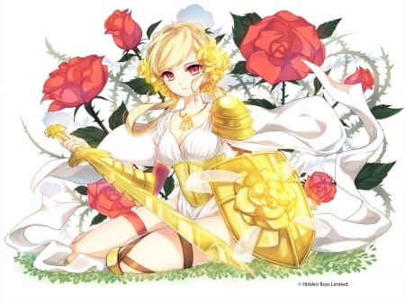 Jeanne d'Arc - warrior, original, girl, blonde, gold, knight, fantasy, rose, jeanne